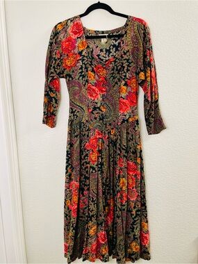 Vintage Starina Floral Basque Pointed Waist Cottagecore Fairy Midi Dress | Small